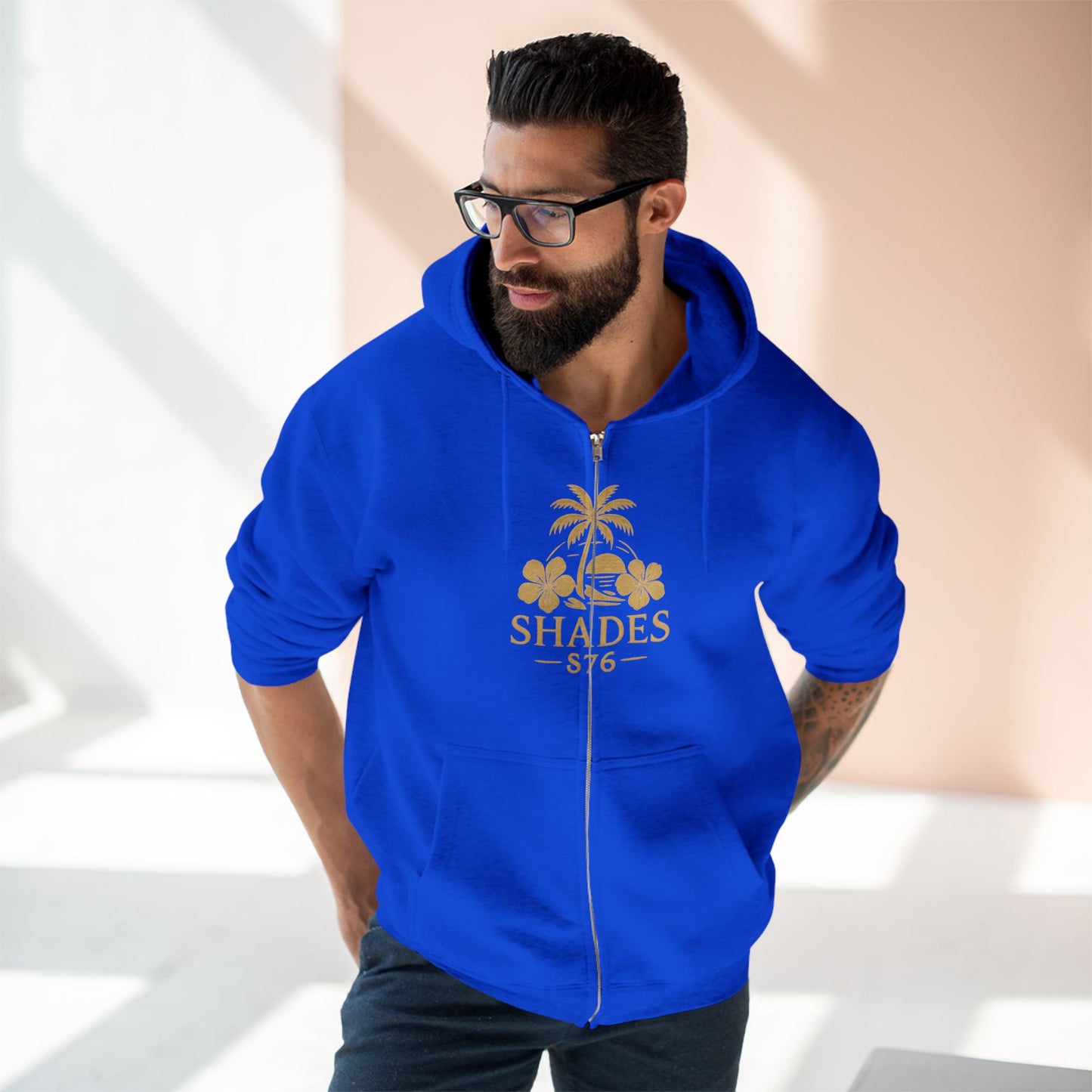 Shades 876 Tropical Zip Hoodie — Gold Palm Tree Beach Design