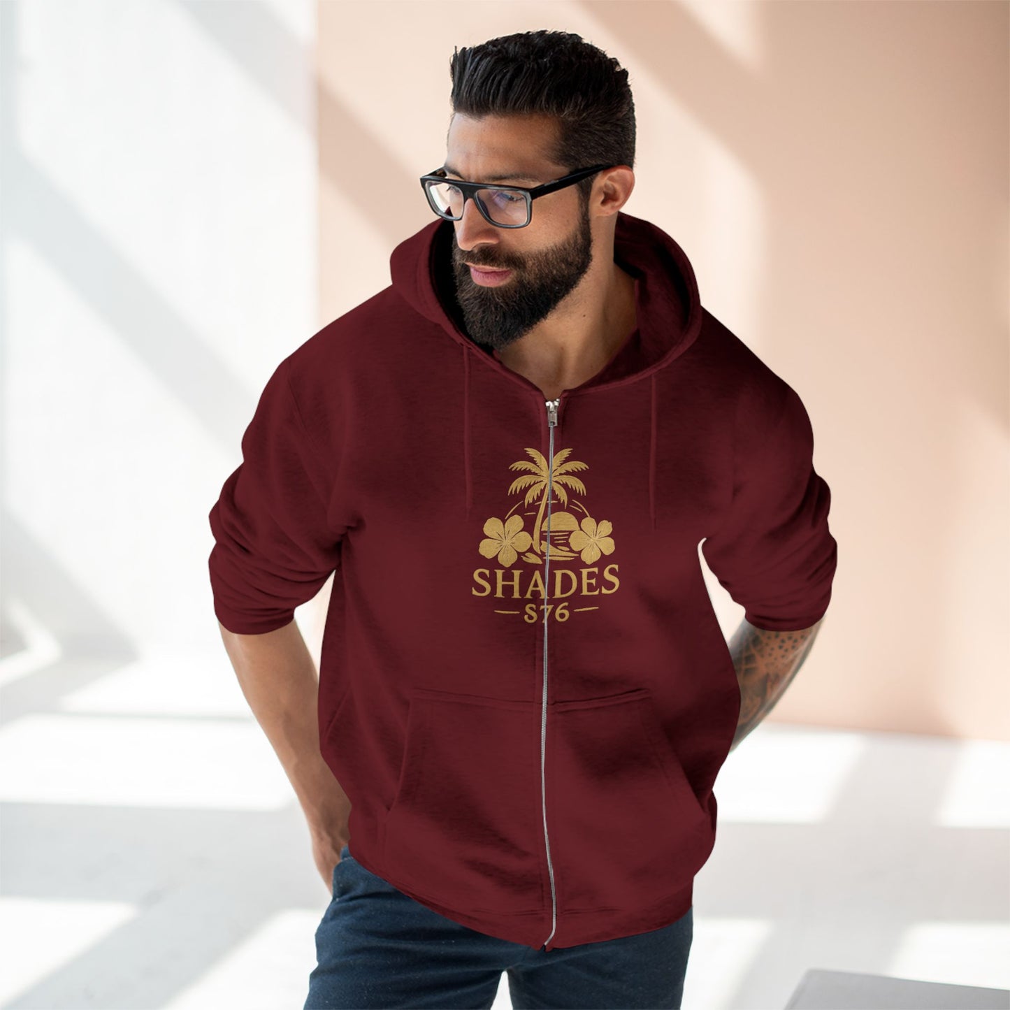 Shades 876 Tropical Zip Hoodie — Gold Palm Tree Beach Design
